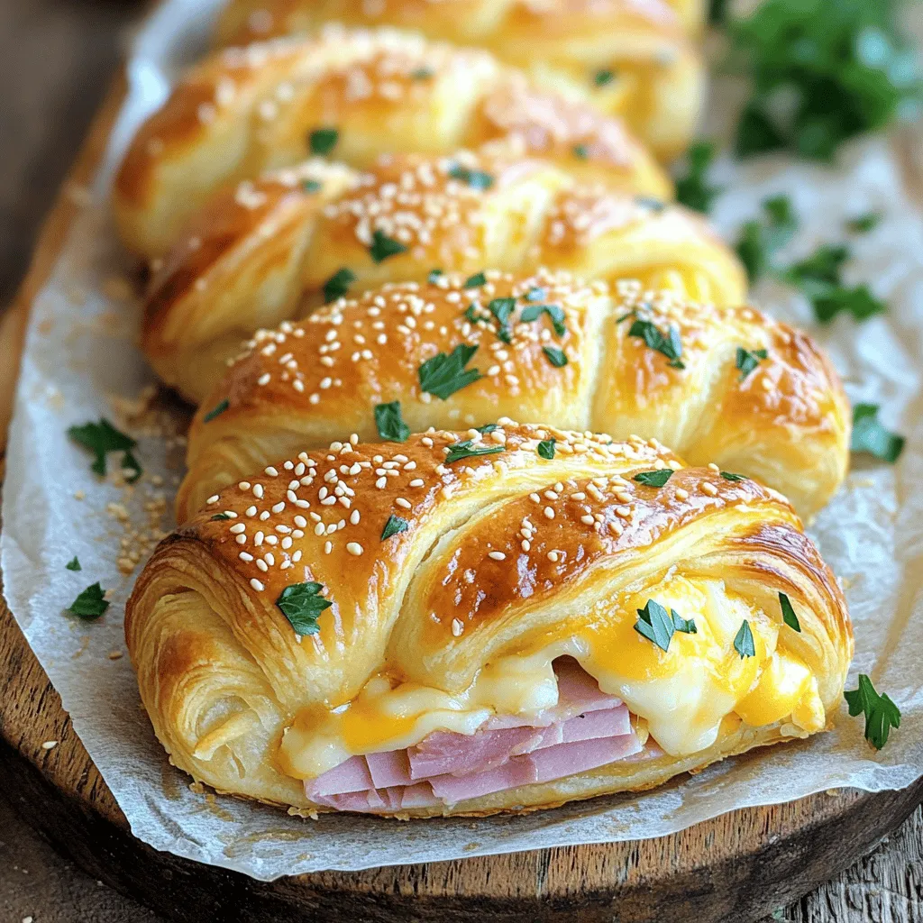 - 1 can (8 oz) refrigerated crescent roll dough - 8 slices of deli ham - 8 slices of cheese (Swiss or Cheddar) - 1 tablespoon Dijon mustard (optional) - ½ teaspoon garlic powder - 1 teaspoon sesame seeds (for topping) - Cooking spray or melted butter (for brushing)