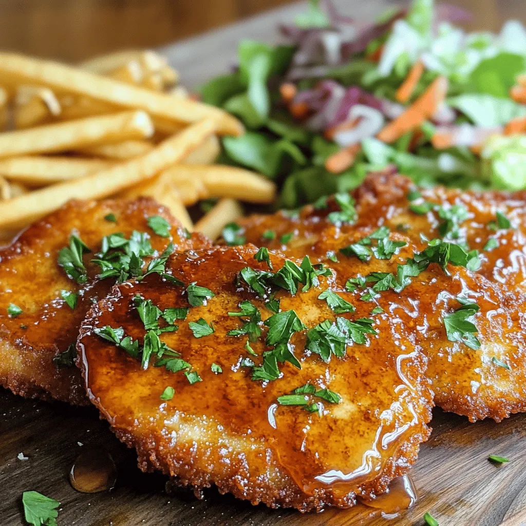 - 4 boneless, skinless chicken breasts - 1 cup all-purpose flour - 2 large eggs - 1 cup breadcrumbs (preferably panko) - ½ cup hot honey (store-bought or homemade) - 2 tablespoons Dijon mustard - 1 tablespoon apple cider vinegar