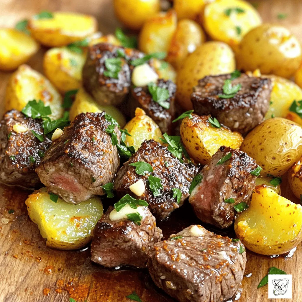 The garlic butter steak bites recipe needs simple, fresh items. You start with one pound of sirloin steak. Cut it into one-inch cubes. Sirloin gives great flavor and tenderness.