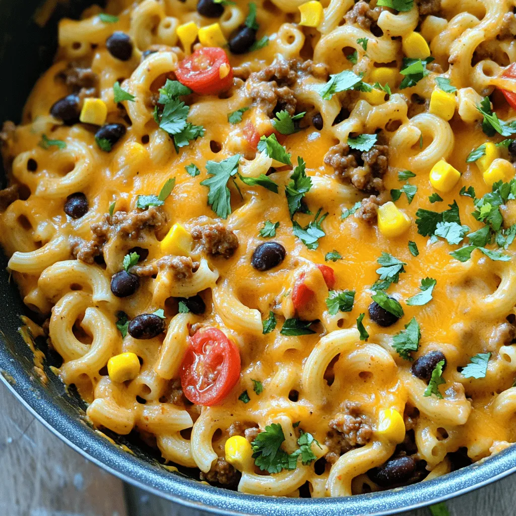 To make Easy Homemade Hamburger Helper, you need a few key ingredients. Start with 1 pound of ground beef or ground turkey. You will also need 1 cup of uncooked elbow macaroni. For flavor, gather 2 cups of low-sodium beef broth and 1 cup of diced tomatoes, undrained. Add 1 cup of shredded sharp cheddar cheese for creaminess. You also want 1 cup of black beans and 1 cup of corn. Finally, use taco seasoning, garlic powder, and onion powder for taste. Don