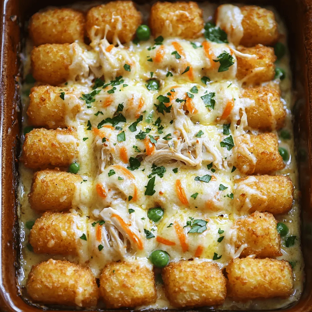 To make this savory creamy chicken Alfredo tater tot casserole, you need some key ingredients. First, you need two cups of cooked chicken. Shredded chicken works best here. Next, grab a 16-ounce package of frozen tater tots. These will give your casserole a great texture. You will also need two cups of Alfredo sauce. You can use store-bought or make your own.