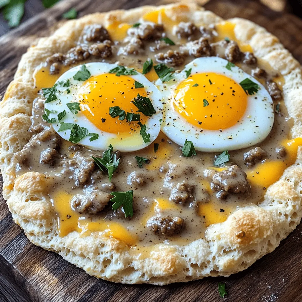 The key ingredients for biscuits and sausage gravy breakfast pizza are simple yet flavorful. You will need one tube of refrigerated biscuit dough, which serves as the base. The dough gives the pizza a soft and flaky crust. For the main topping, you need one pound of breakfast sausage. This is the heart of the dish, adding rich flavor.