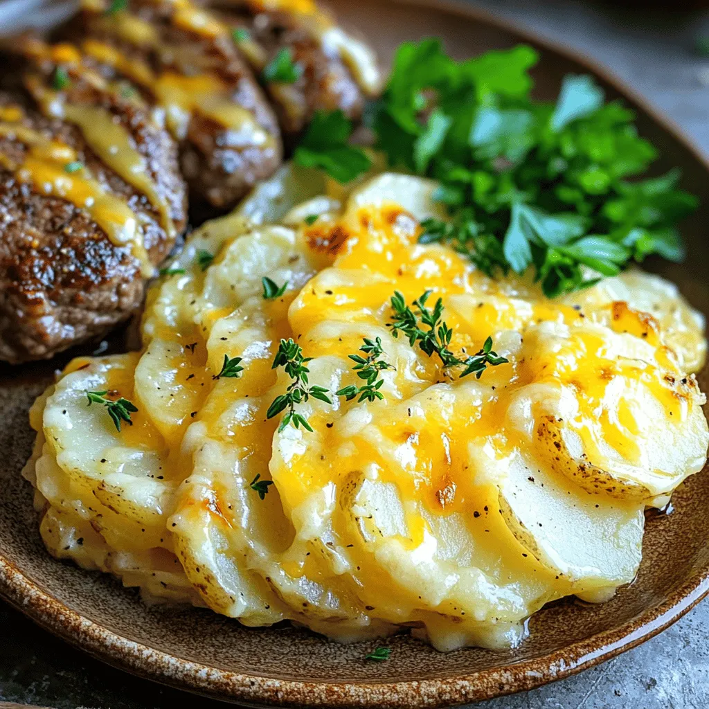 To make delicious scalloped potatoes with savory beef cutlets, you need fresh, quality ingredients. For the scalloped potatoes, I love using large russet potatoes. They are starchy and hold up well when sliced thin. You will need about four of them. Slice them evenly for cooking and a nice look.