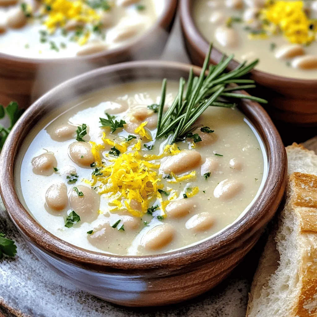 To make a great lemon rosemary white bean soup, you need some key ingredients. Start with two cups of cooked white beans, like cannellini or great northern. These beans offer a creamy texture and a mild flavor. You also need one medium onion, chopped finely, and three cloves of minced garlic for a savory base.