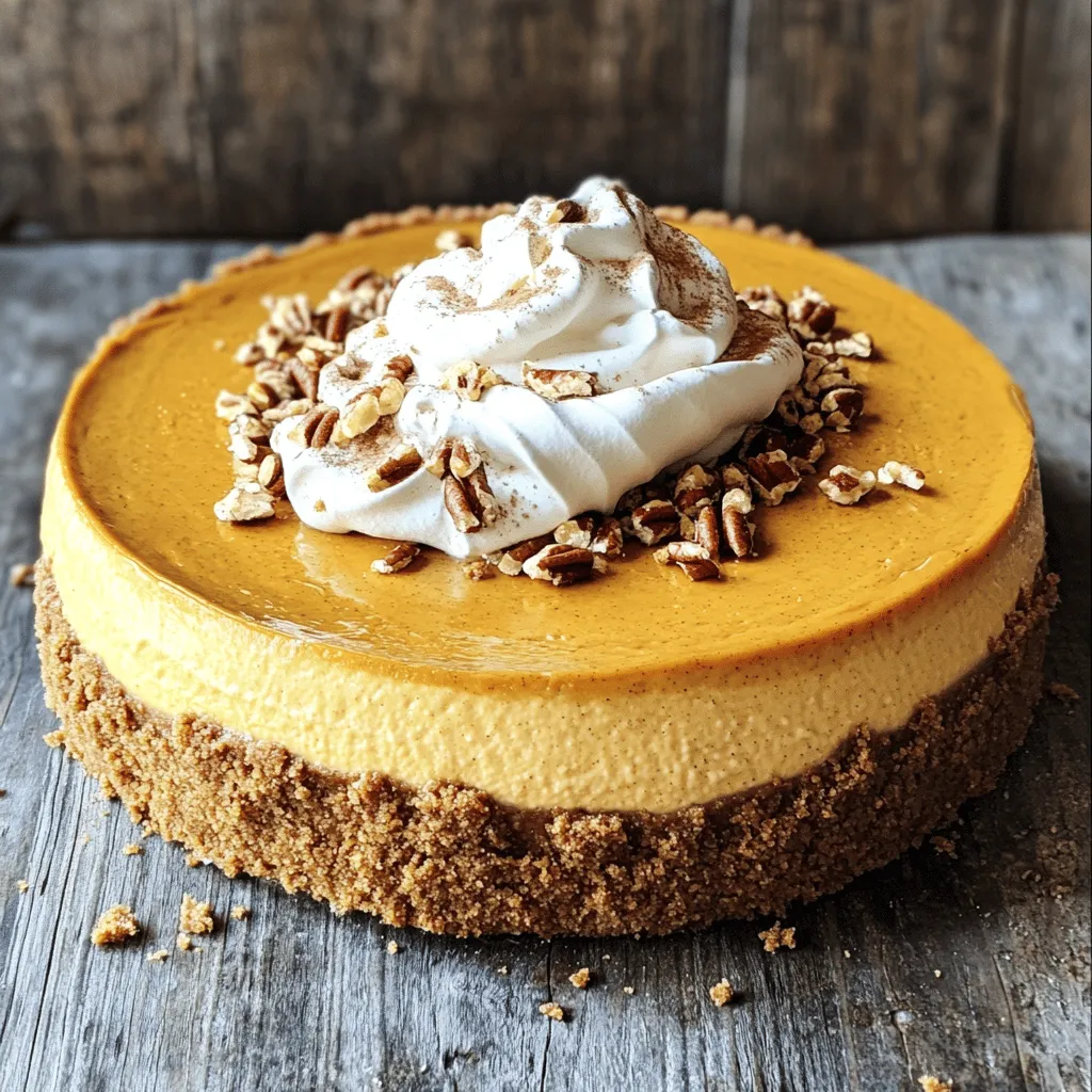 - 1 ½ cups graham cracker crumbs - ½ cup unsalted butter, melted - ½ cup granulated sugar (for crust) - 4 (8 oz) packages cream cheese, softened - 1 cup granulated sugar (for filling) - 1 cup canned pumpkin puree (not pie filling) - 4 large eggs - 1 teaspoon vanilla extract - 2 teaspoons ground cinnamon - 1 teaspoon ground nutmeg - ½ teaspoon ground ginger - ½ teaspoon salt - Whipped cream (for topping) - Optional: Crushed pecans or walnuts (for garnish)