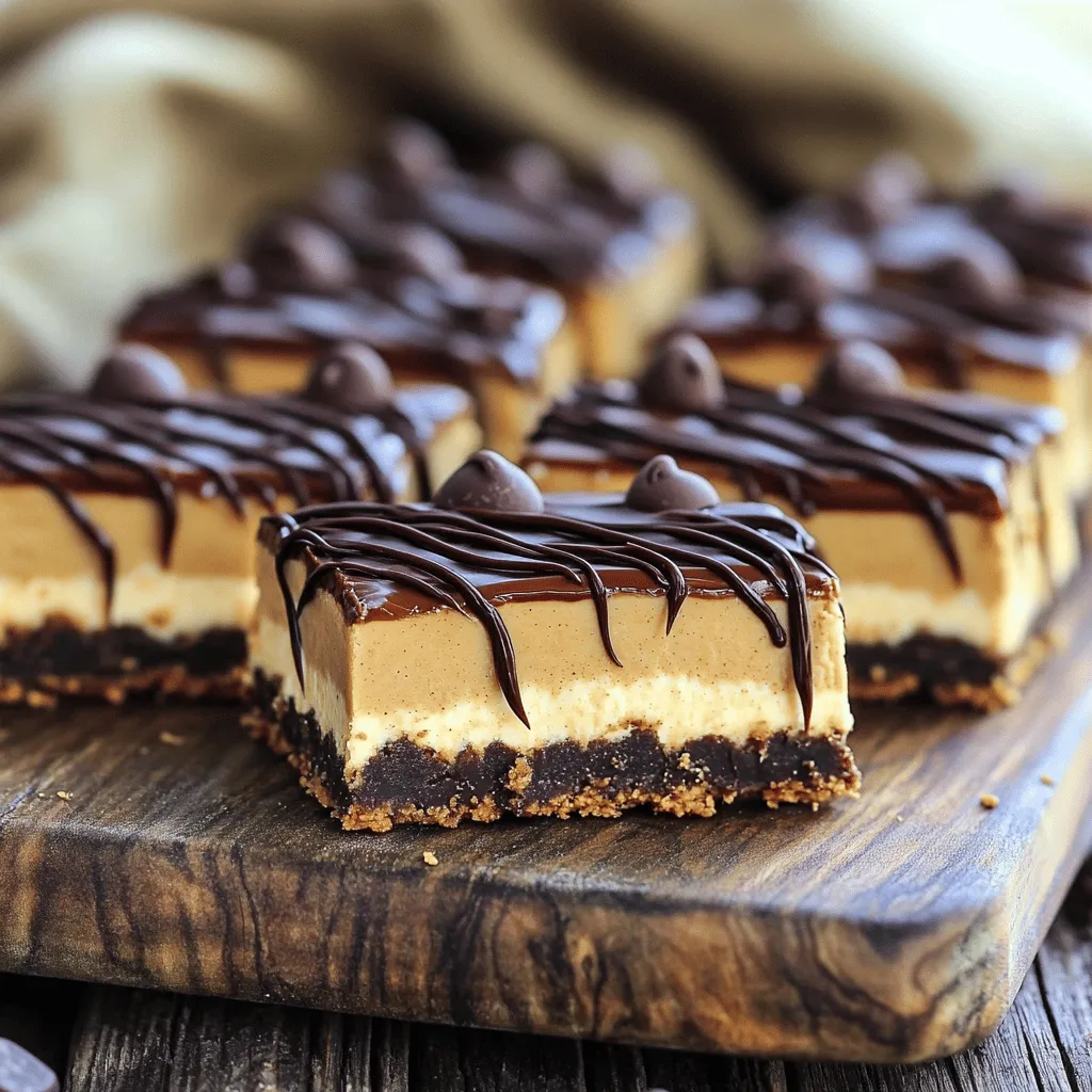To make No-Bake Buckeye Cheesecake Bars, gather these ingredients: - 1 ½ cups chocolate sandwich cookies (crushed) - ½ cup unsalted butter, melted - 1 cup creamy peanut butter - 1 (8 oz) package cream cheese, softened - 1 cup powdered sugar - 1 teaspoon vanilla extract - 1 cup whipped cream (or whipped topping) - ½ cup semi-sweet chocolate chips (for topping) - 1 tablespoon coconut oil (for topping)