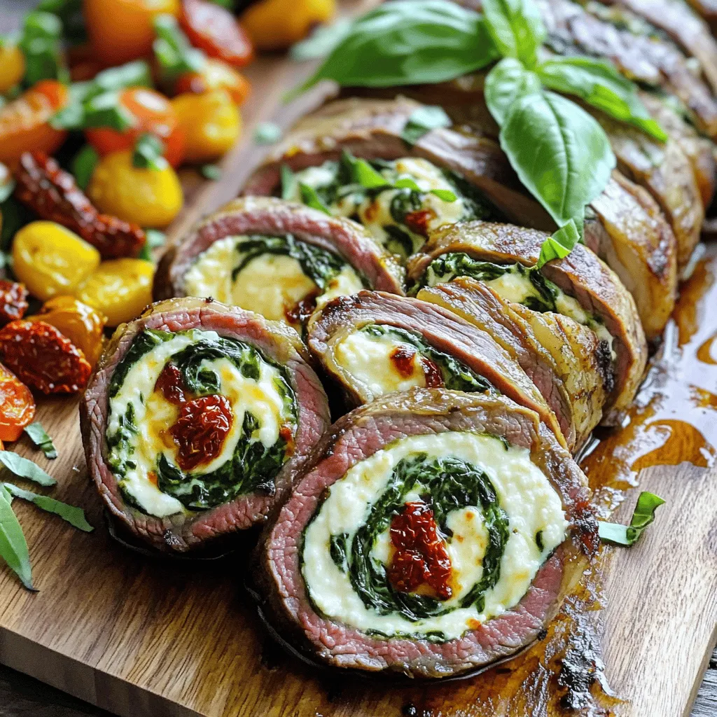 A delicious flank steak roulade needs a few key ingredients. First, you need 1 ½ pounds of flank steak. This cut is lean and full of flavor. Next, you will want a filling that excites your taste buds. I enjoy using 1 cup of wilted spinach mixed with ½ cup of ricotta cheese and ½ cup of shredded mozzarella. This combo gives a rich and creamy texture.