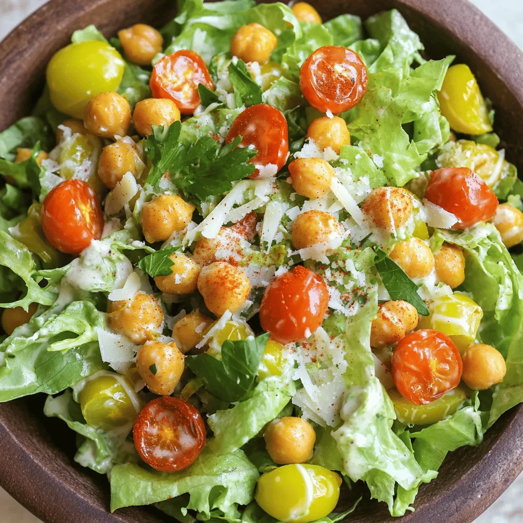 - 1 can (15 oz) chickpeas, drained and rinsed - 4 cups romaine lettuce, chopped - 1 cup cherry tomatoes, halved - ½ cup Parmesan cheese, shaved - ¼ cup Caesar dressing