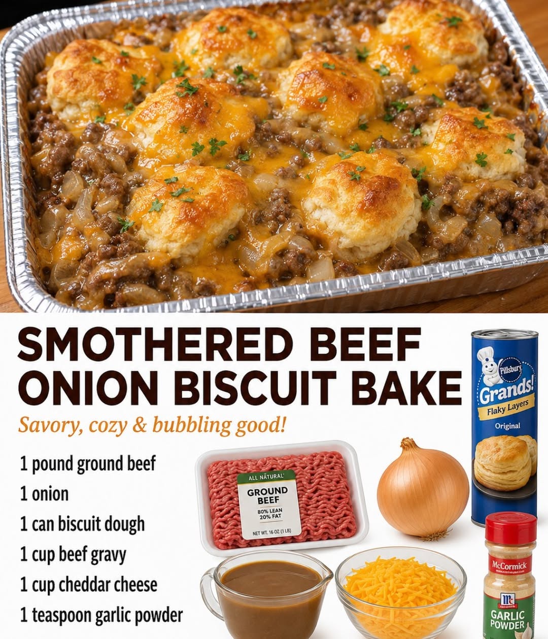 Easy Smothered Beef Onion Biscuit Bake Casserole Recipe