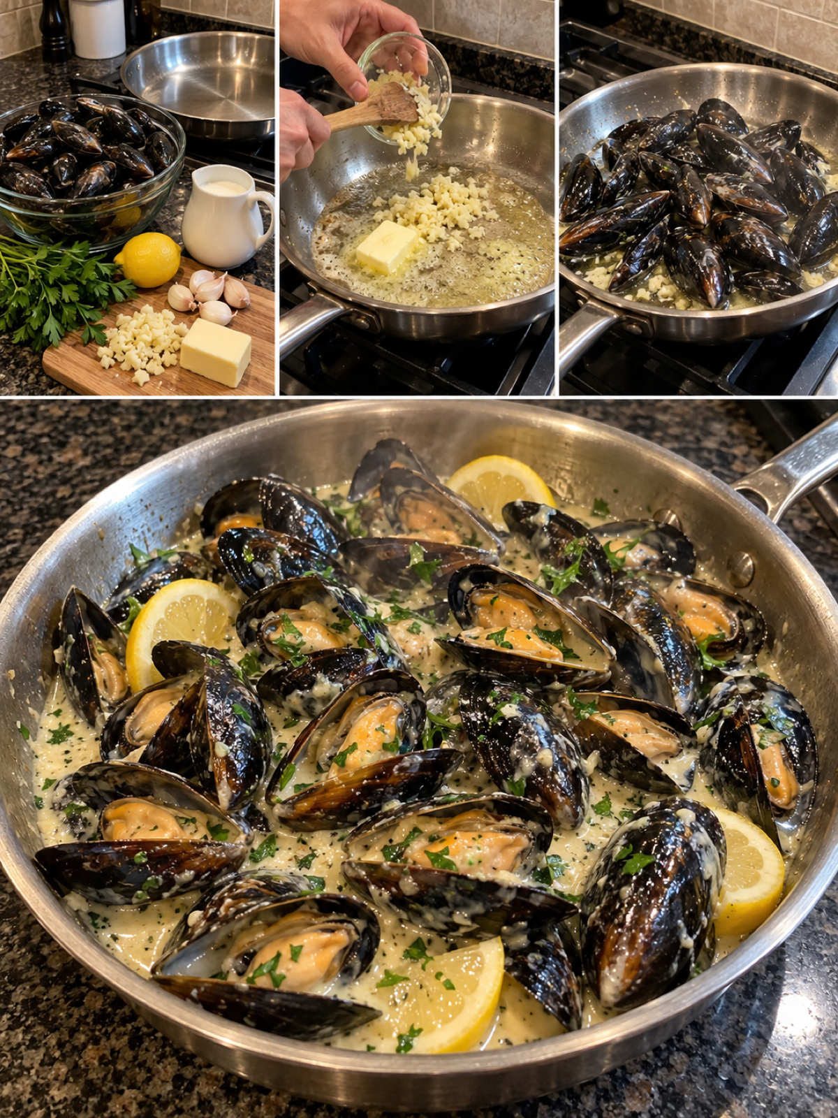 Easy Creamy Garlic Mussels Skillet Recipe for Dinner