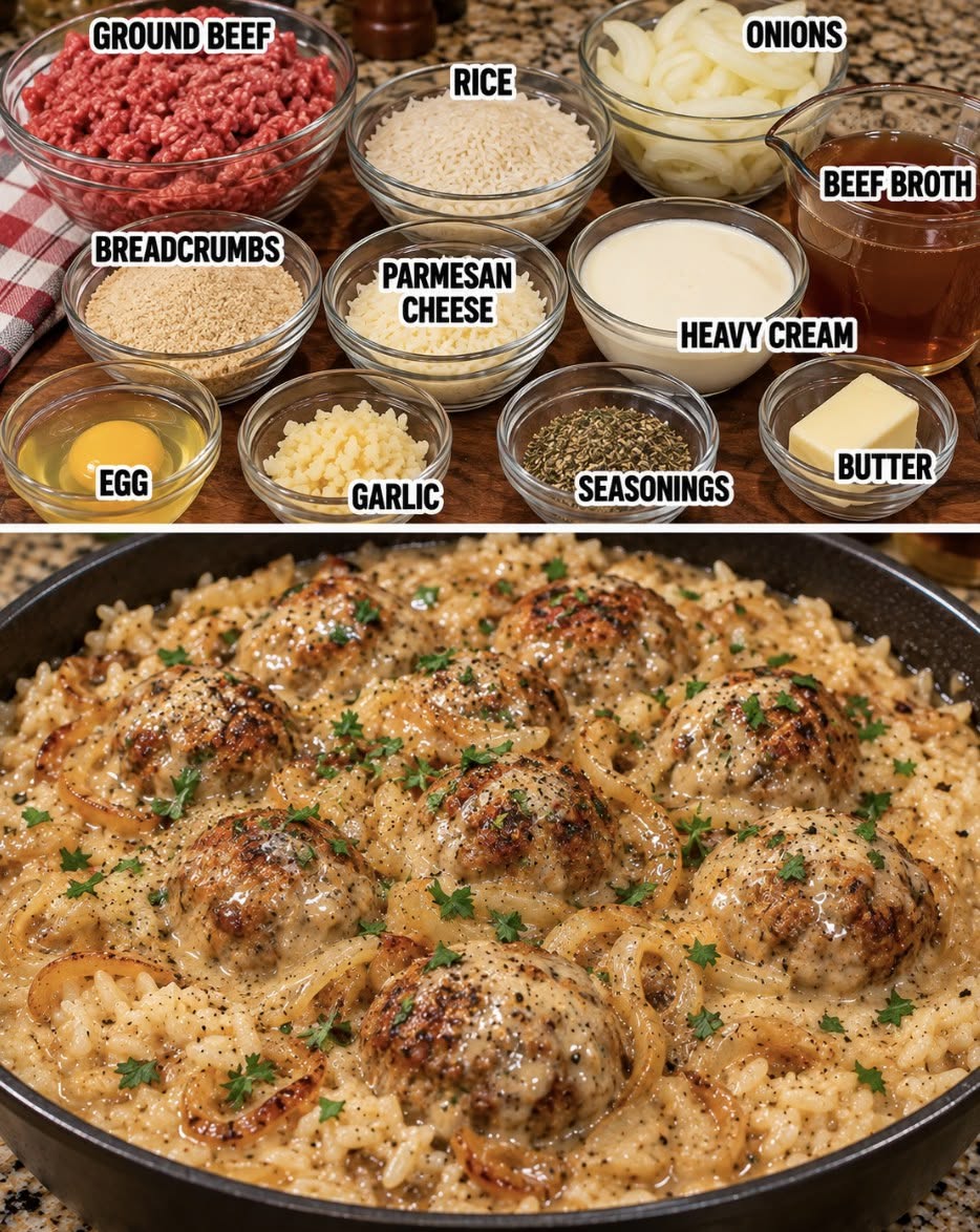 Savory French Onion Rice with Parmesan Meatballs & Cream Gravy