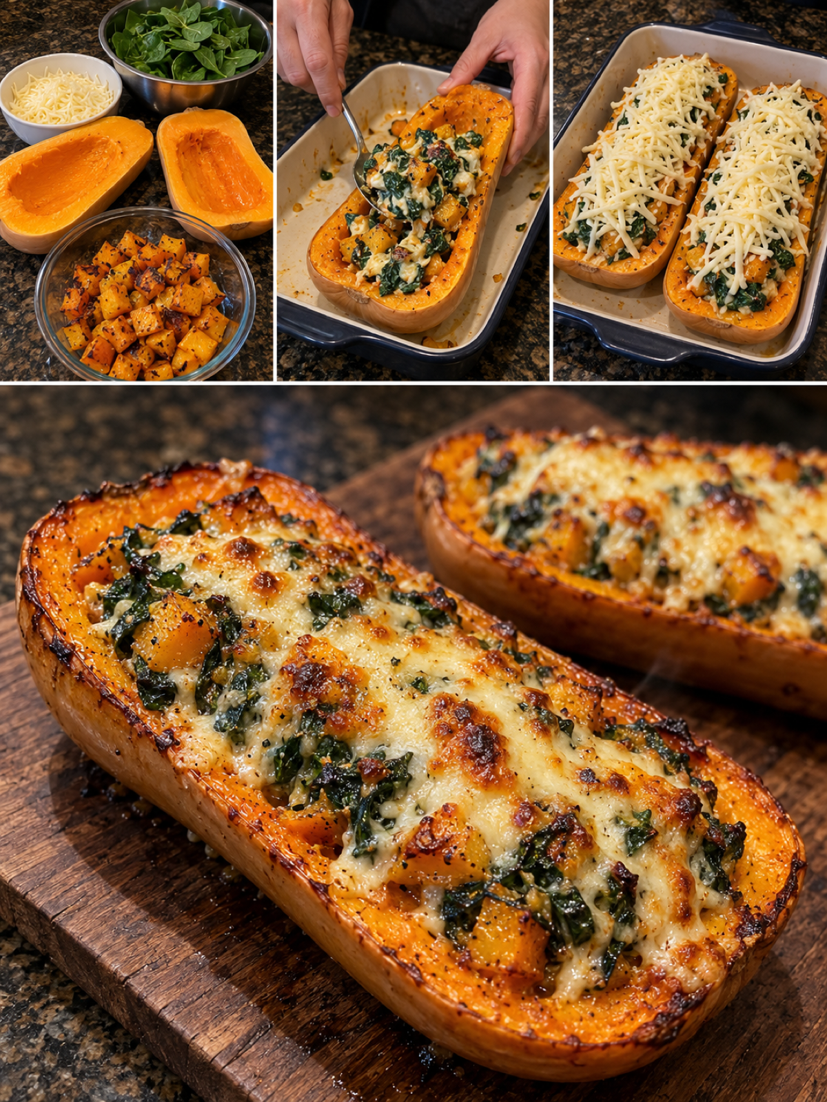 Easy Stuffed Butternut Squash with Spinach and Cheese