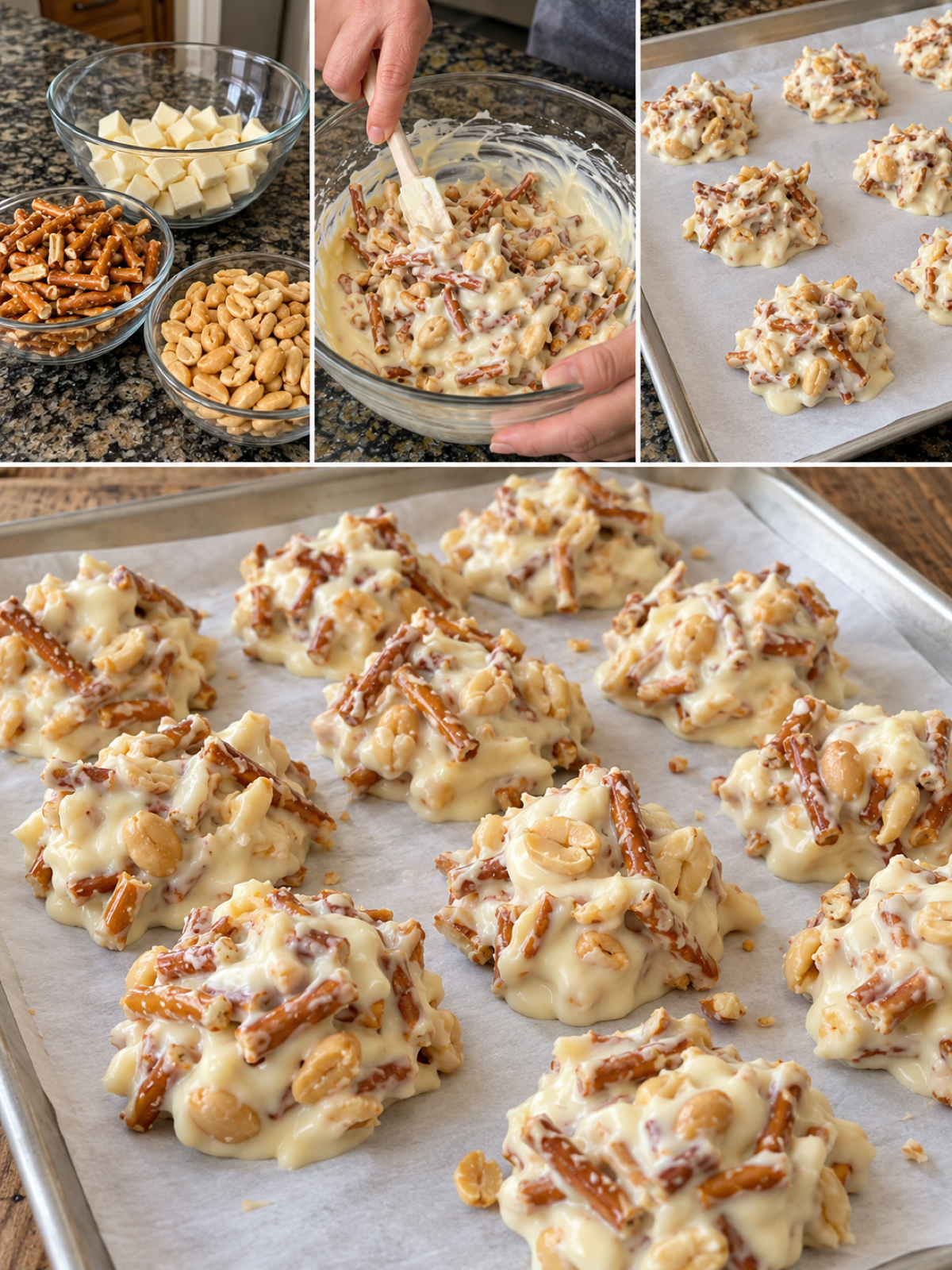 Easy No-Bake White Chocolate Pretzel & Peanut Clusters