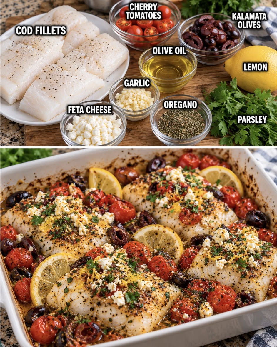 Easy Mediterranean Baked Cod with Olives & Feta Cheese
