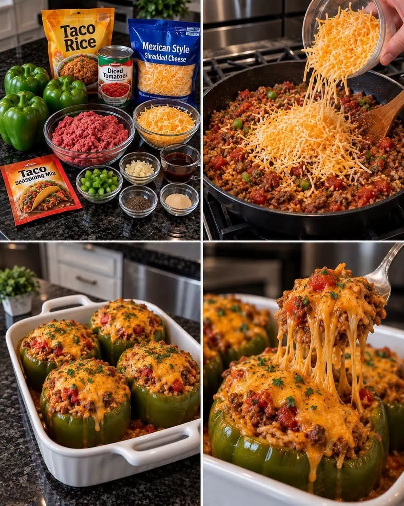 Easy Cheesy Stuffed Peppers with Seasoned Beef & Rice