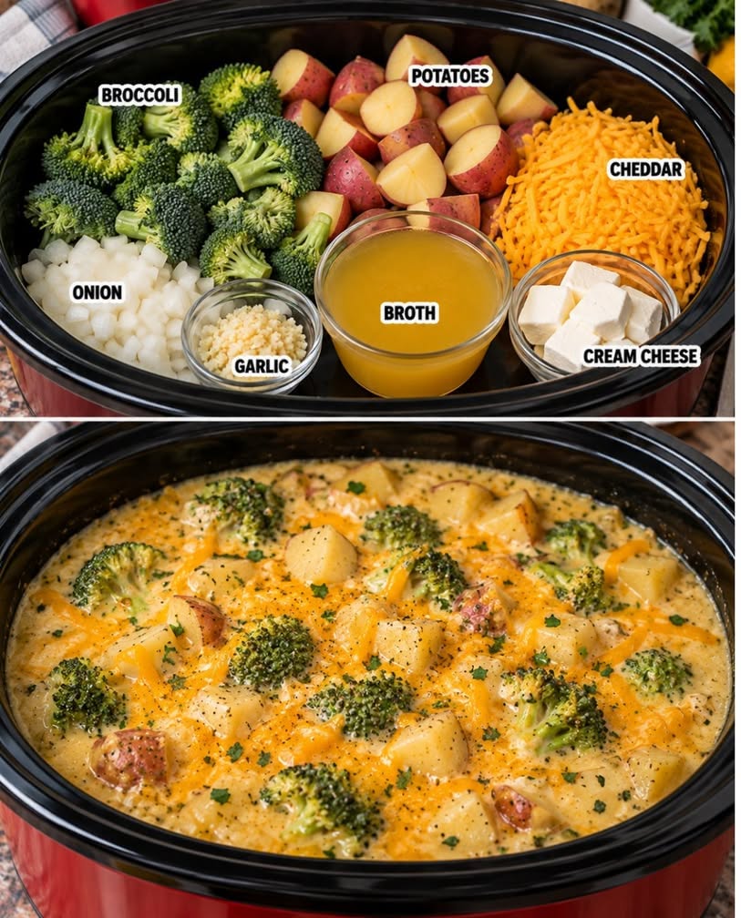 Easy Crockpot Potato Broccoli Cheddar Soup Recipe