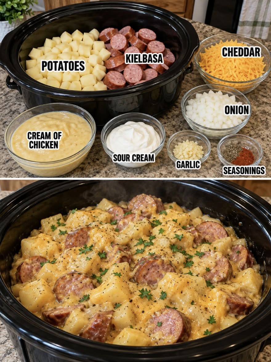 Easy Slow Cooker Cheesy Potatoes & Kielbasa Recipe