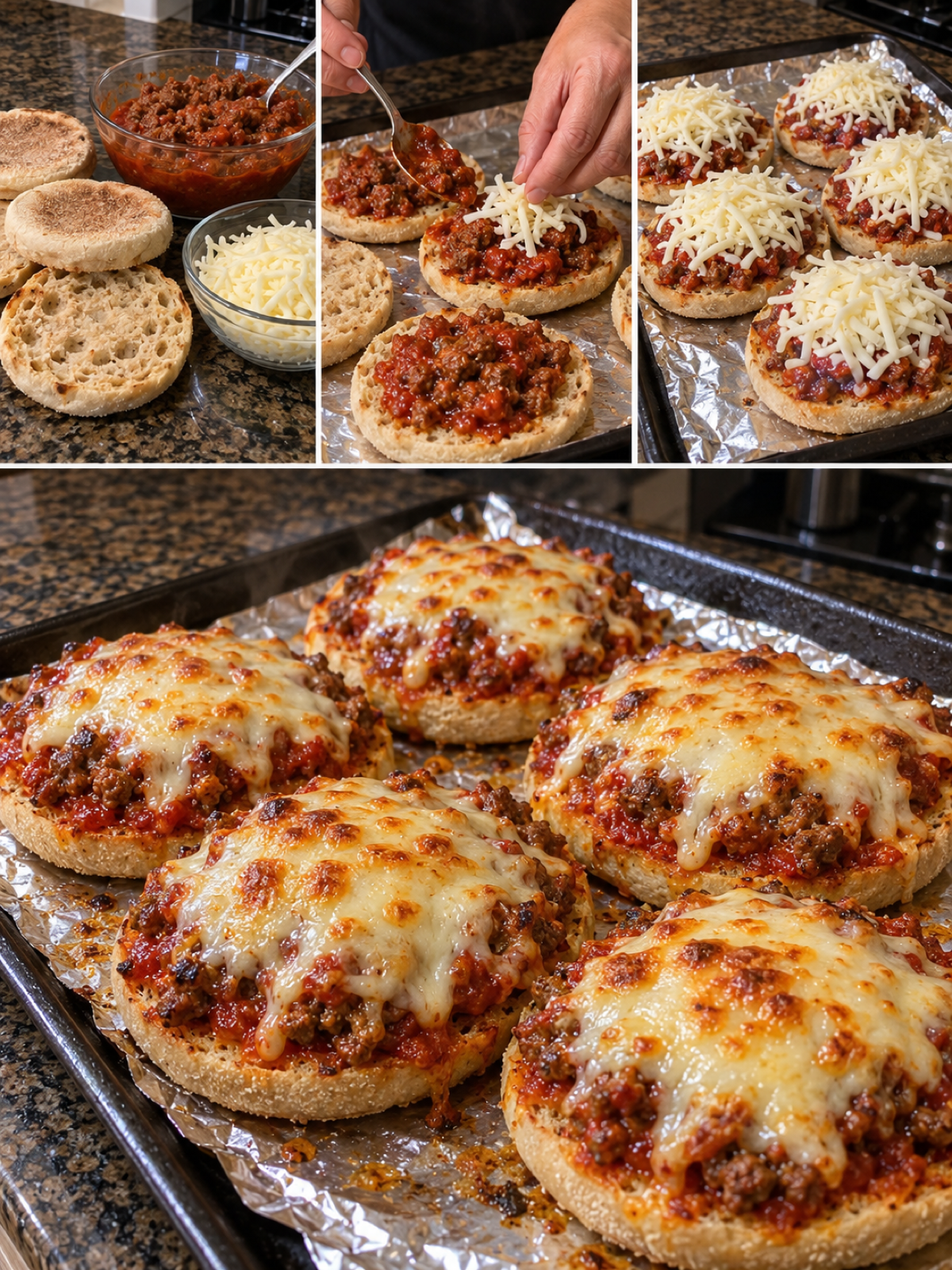 Easy Cheesy Beef & Mozzarella English Muffin Pizzas