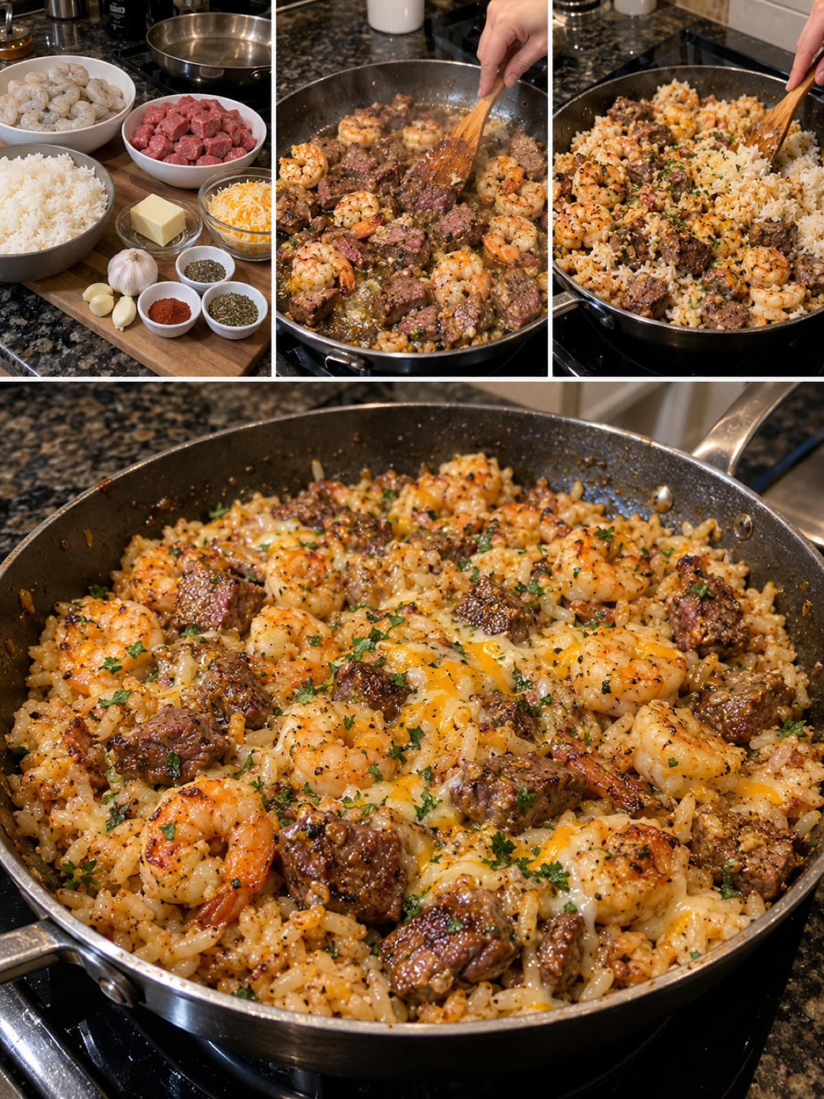 Easy Juicy Southern Garlic Butter Shrimp and Steak Rice Skillet
