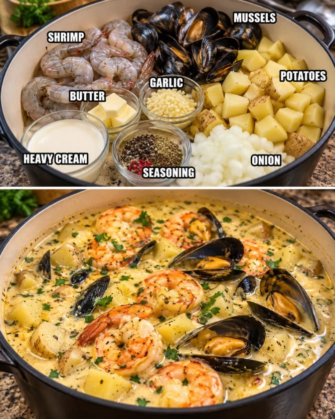 Creamy Garlic Butter Shrimp & Mussels Soup - Best Seafood Delight