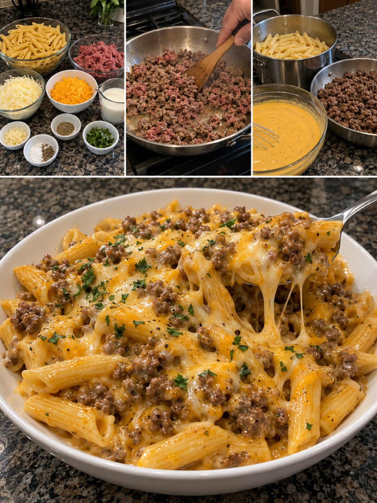 Easy Ground Beef Penne with Monterey Cheddar Sauce Recipe