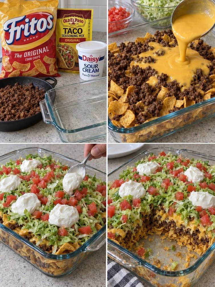 Easy Walking Taco Casserole with Fritos and Beef Layers