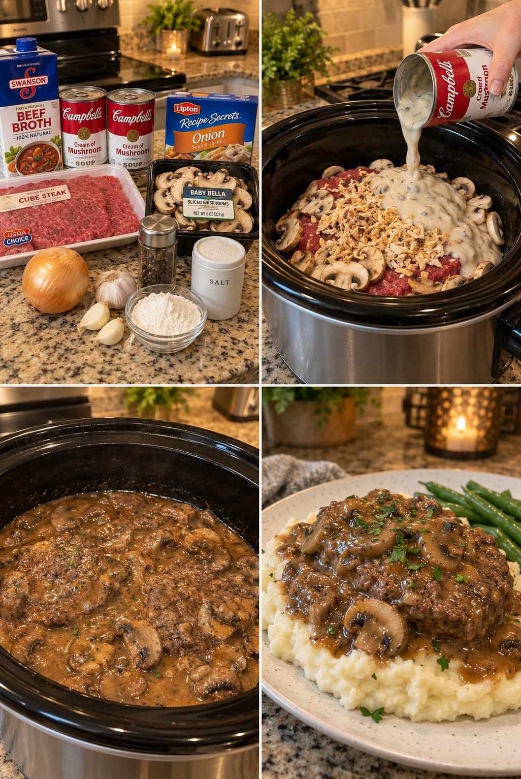 Easy Slow Cooker Mushroom Cube Steak & Gravy Recipe