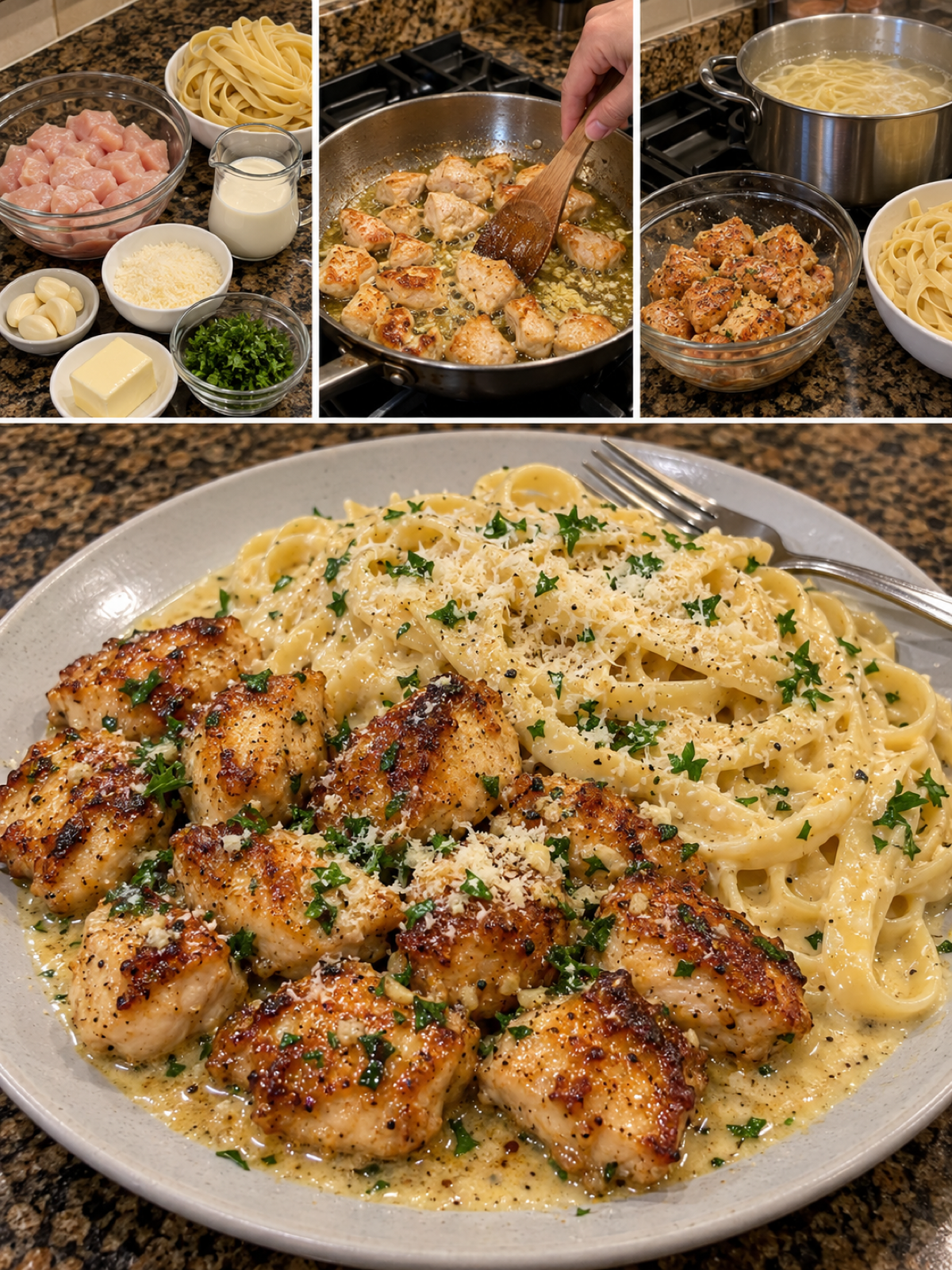 Easy Garlic Butter Chicken Bites with Creamy Parmesan Fettuccine