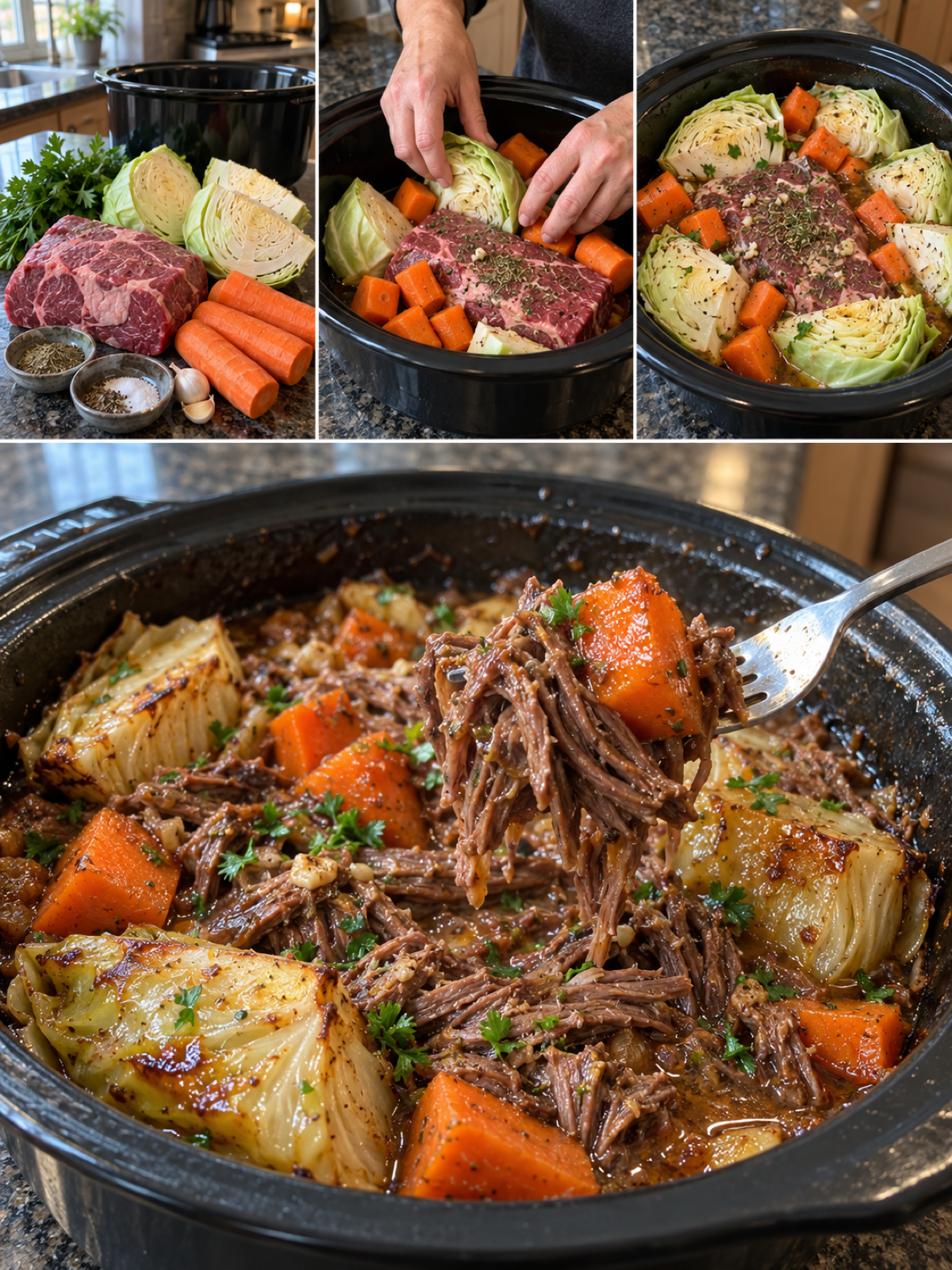Easy Slow Cooker Shredded Beef and Tender Cabbage Wedges