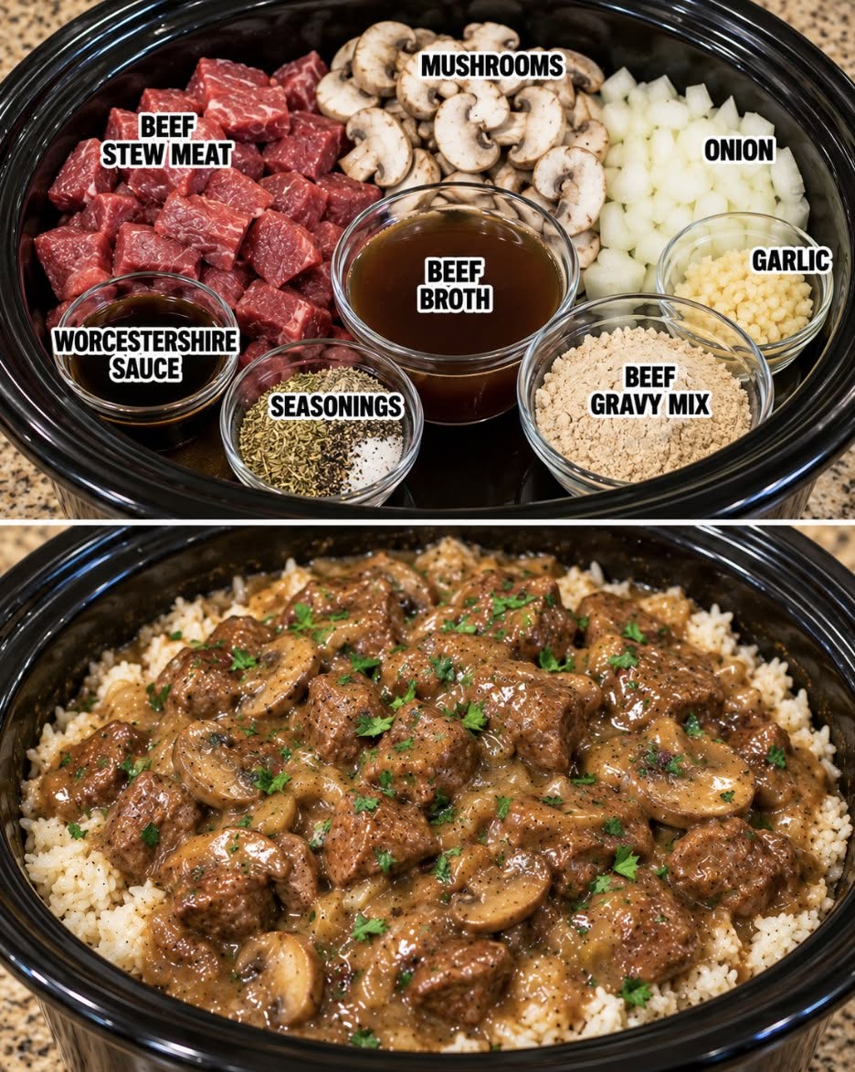 Easy Crockpot Beef Tips & Gravy Over Rice Recipe
