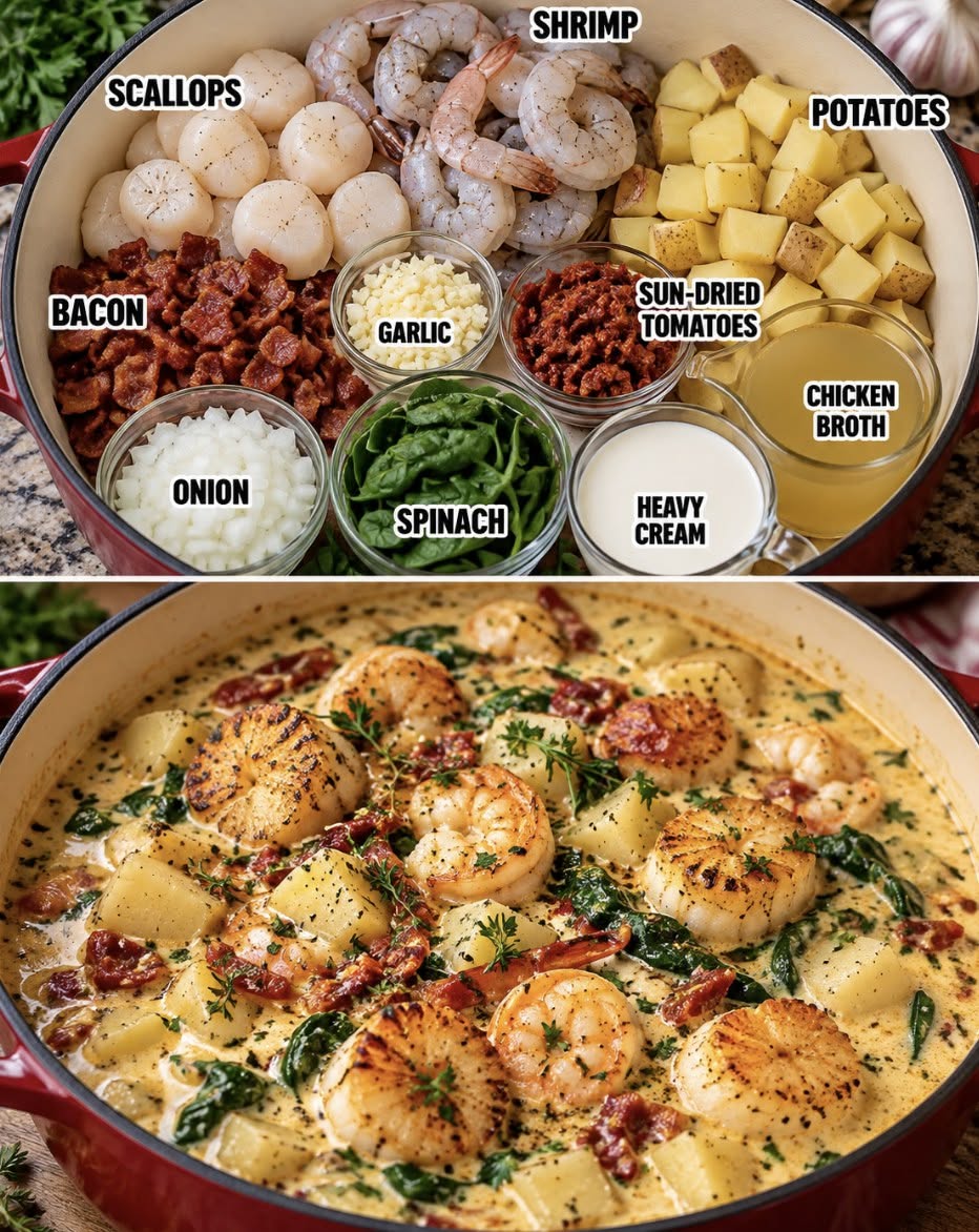 Creamy Tuscan Butter Scallops & Shrimp Potato Soup Recipe