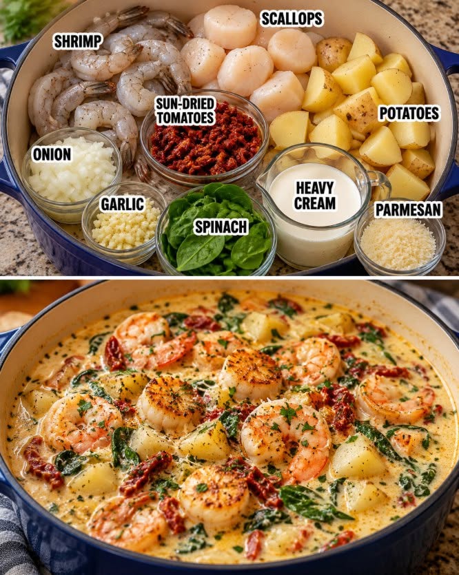 Creamy Tuscan Shrimp & Scallops Potato Soup Recipe