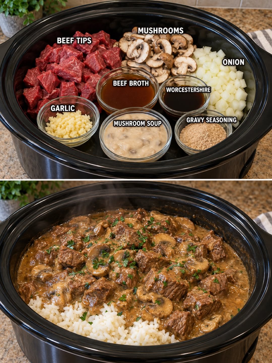 Easy Crockpot Beef Tips & Mushrooms Over Rice Recipe