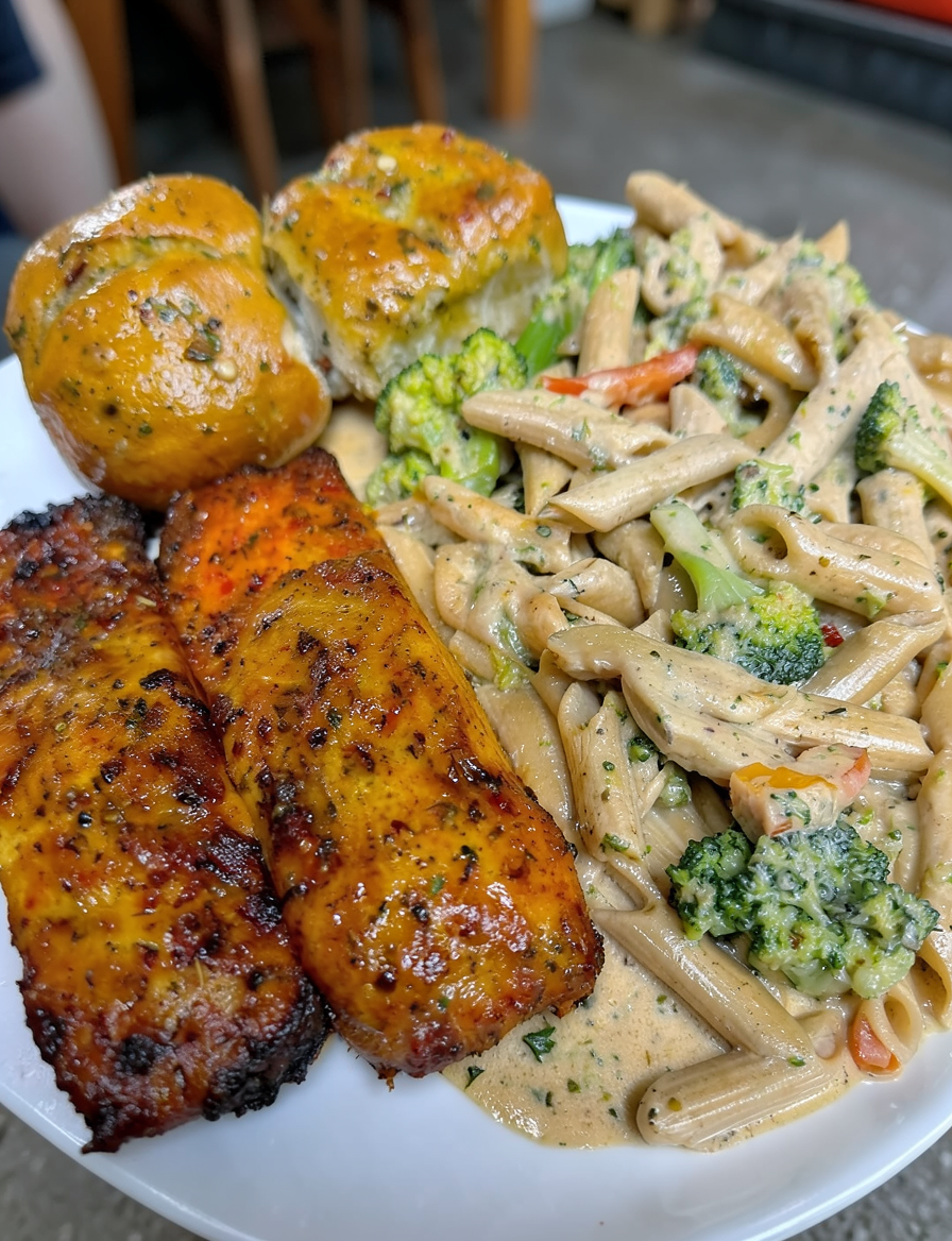 Easy Hot Honey Salmon & Broccoli Alfredo with Garlic Rolls