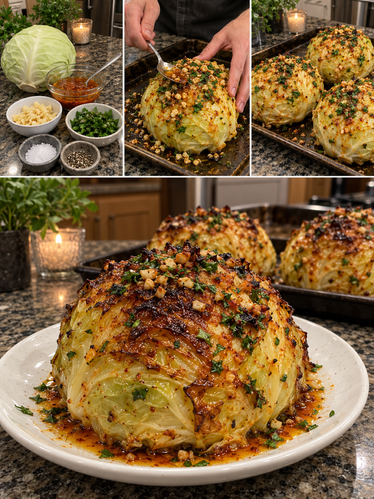 Easy Whole Roasted Cabbage With Spicy Nut Topping