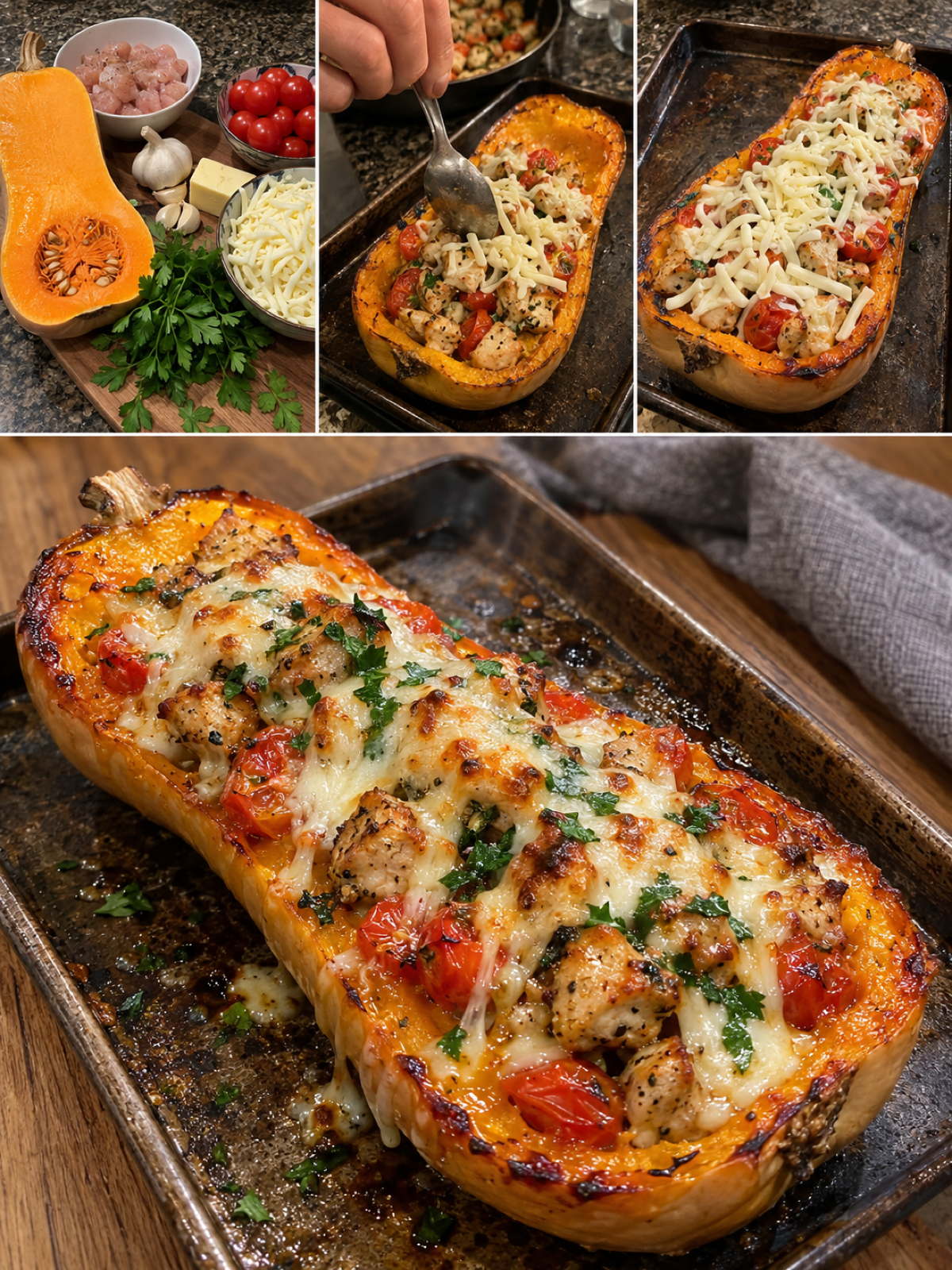 Easy Roasted Butternut Squash Stuffed With Garlic Butter Chicken