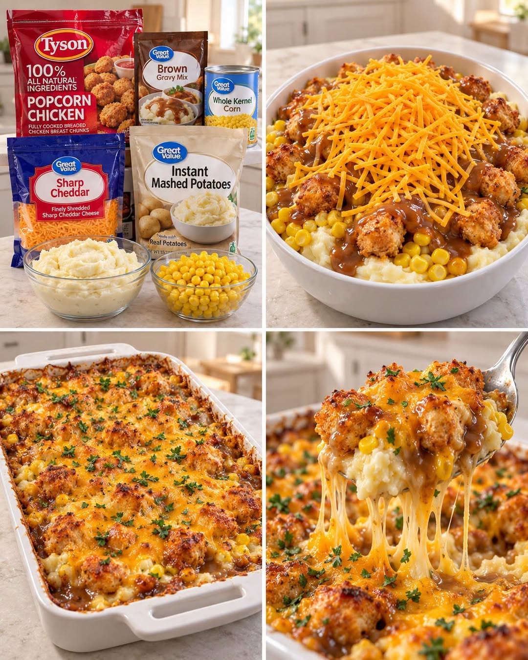 The Best Cheesy Popcorn Chicken Mashed Potato Casserole