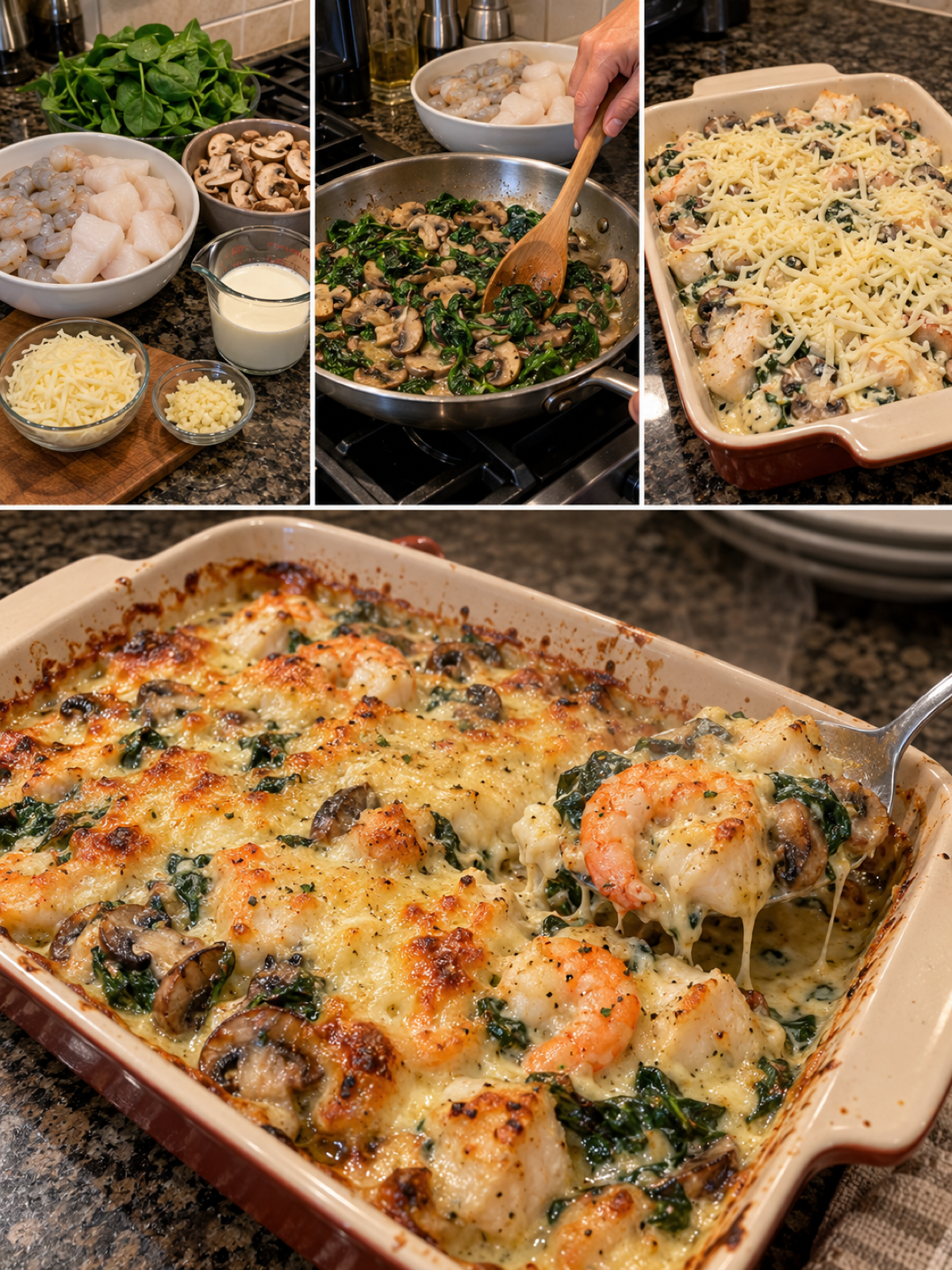 Easy Creamy Seafood, Spinach And Mushroom Low-Carb Bake