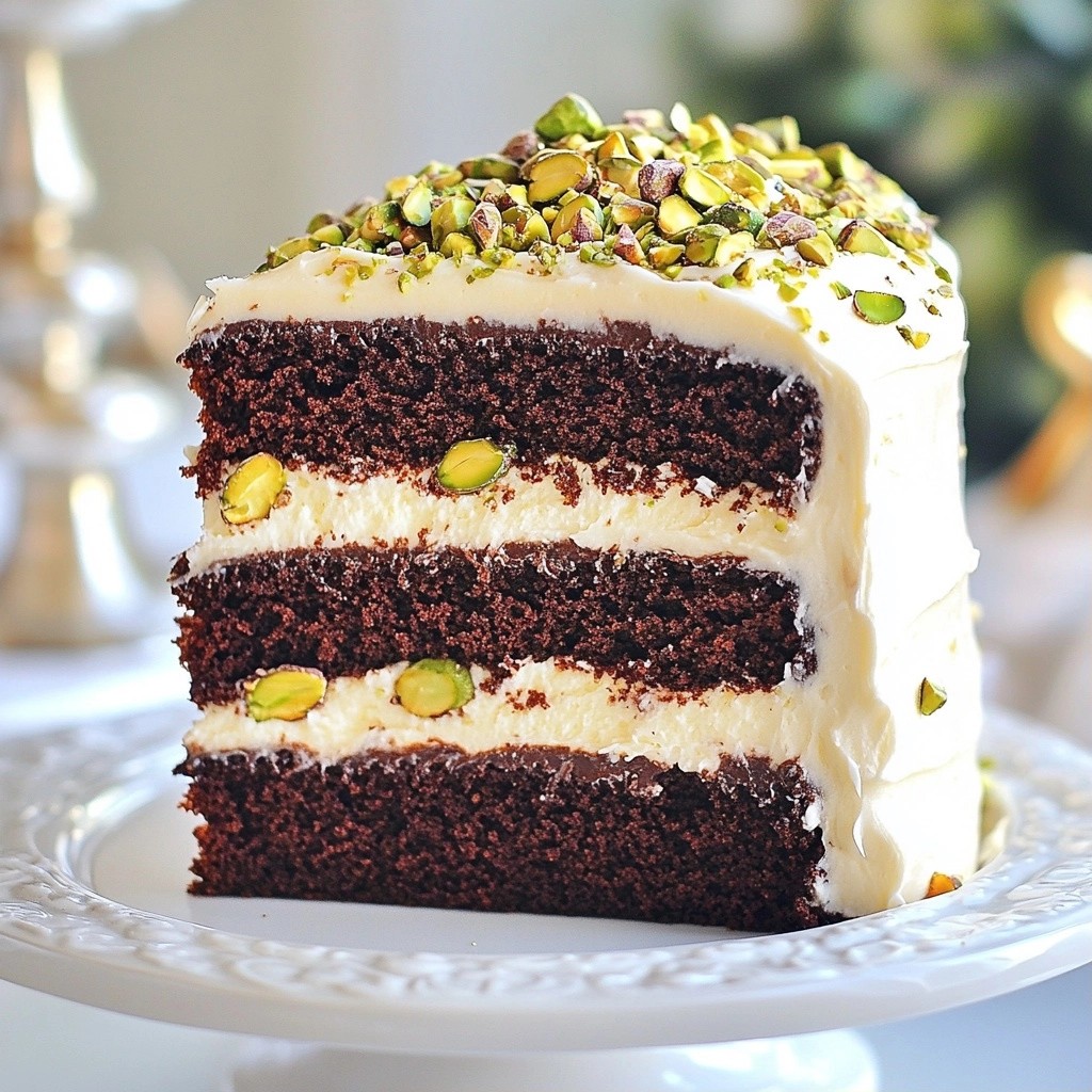 Rich Chocolate Pistachio Layer Cake with Creamy Frosting